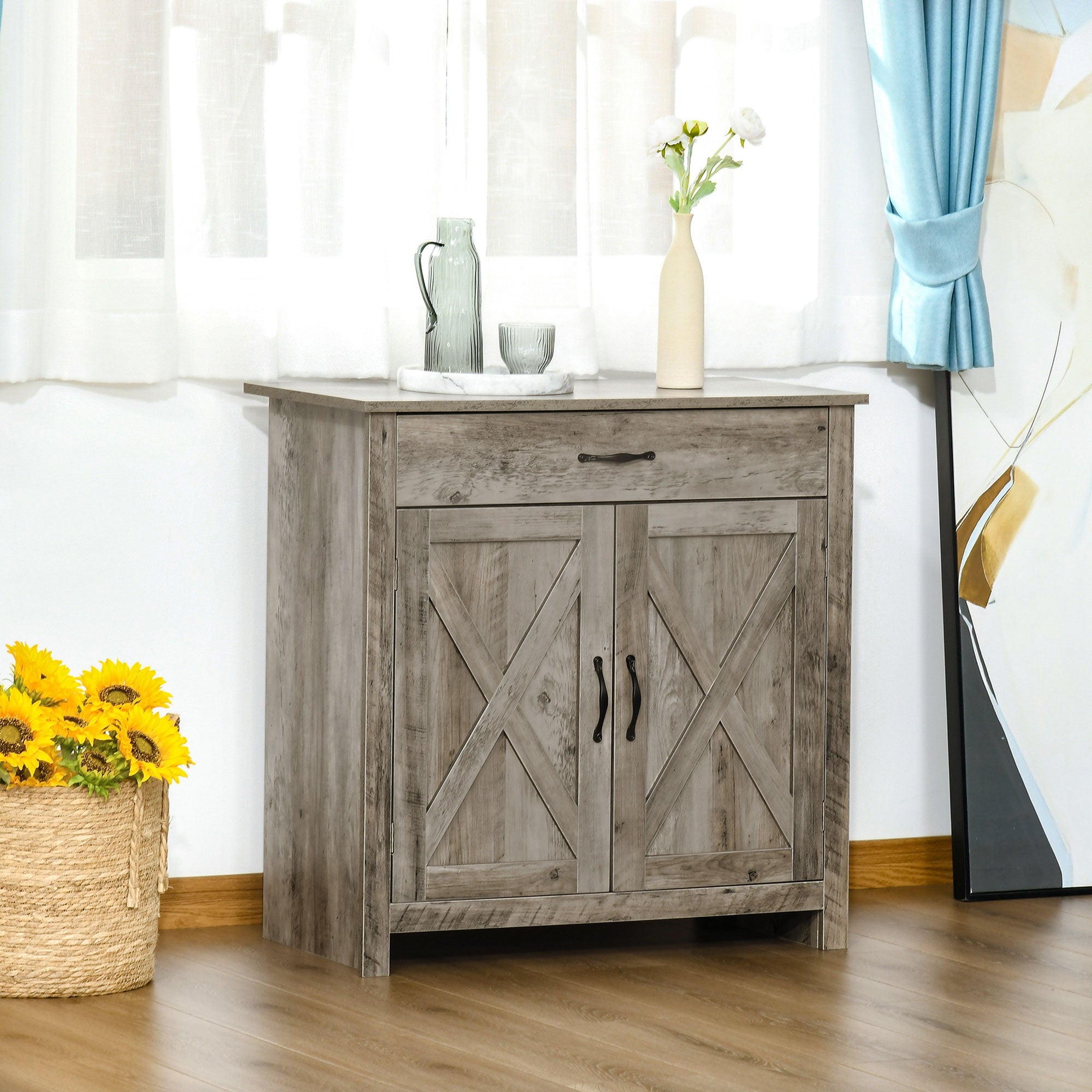 HOMCOM Farmhouse Style Barn Door Sideboard Coffee Bar Buffet Accent Storage Cabinet for Living Room Entryway Grey Wash 