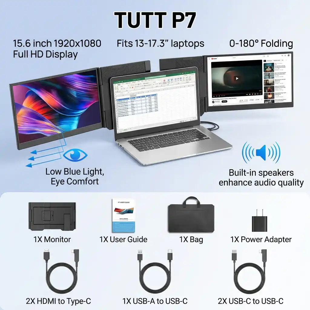 TUTT 15.6″ Dual Screen Portable Monitor, Silver Ultra Thin & Light |USB-C + HDMI Setup, Built-In Speaker + Leather Bag | H5 Video Transmission Cable Included P7