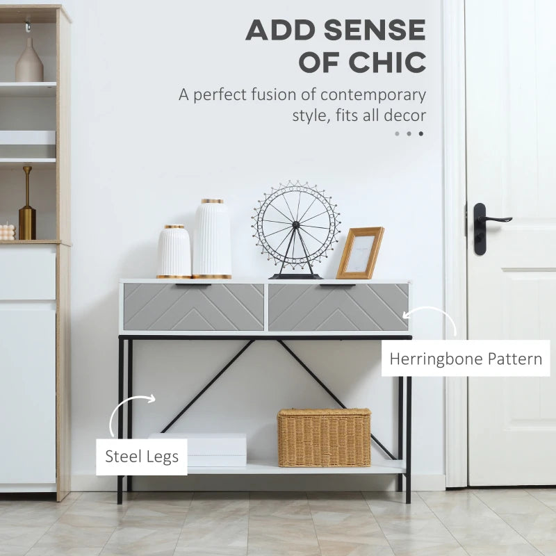 Modern Console Table with 2 Drawers, 2 Tier Entryway Table with storage Shelf, Narrow Sofa Table for Living Room, Hallway, White
