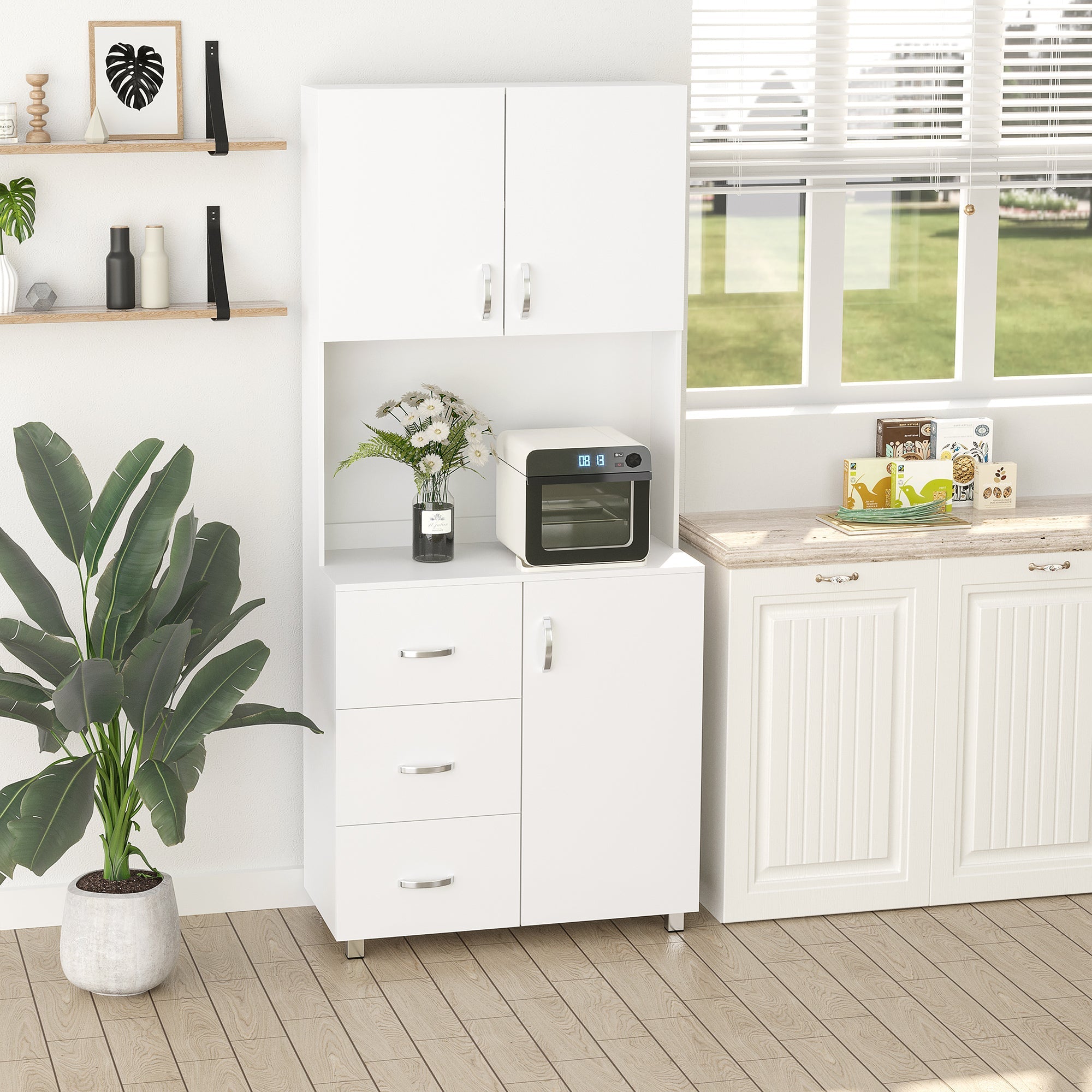 HOMCOM Freestanding Kitchen Hutch Buffet: Pantry Storage Organizer with 2 Door Cabinets, 3 Drawers and Open Countertop Shelf 