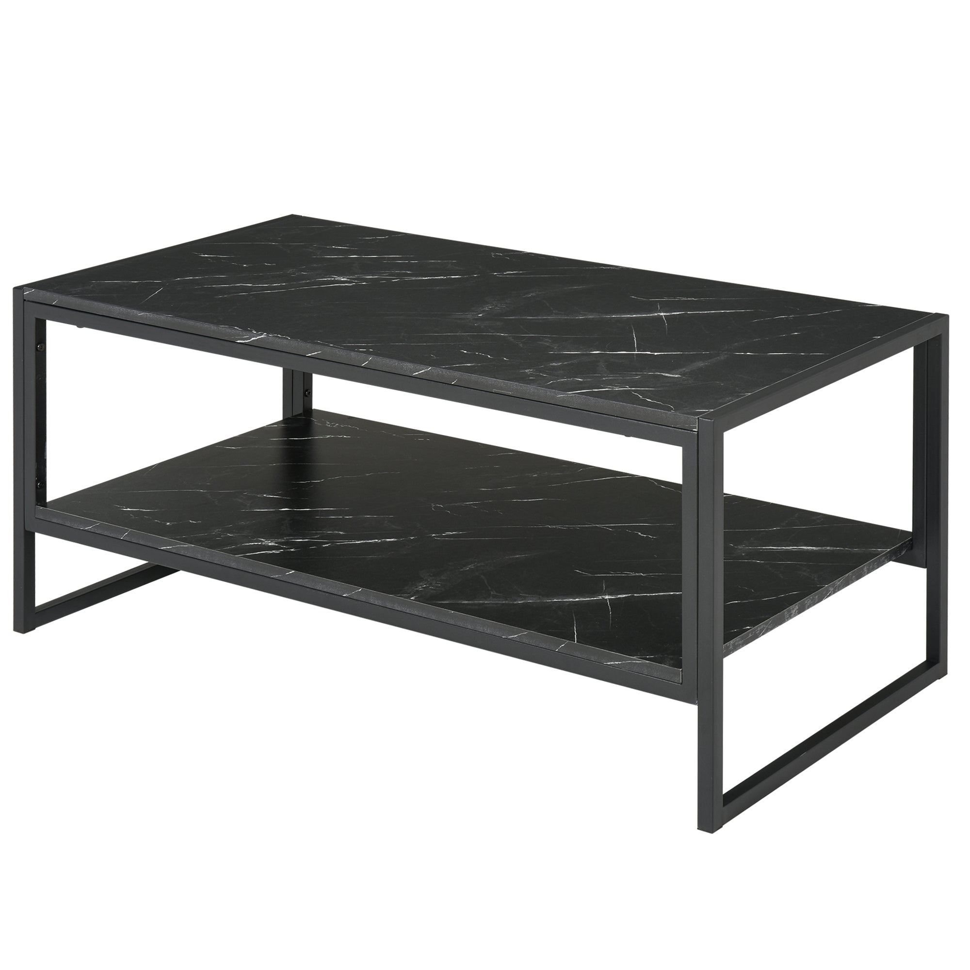 HOMCOM Black 2-Tier Coffee Table: Cocktail Table with Marble Textured Top, Storage Shelf for Living Room, Bedroom, Dorm 