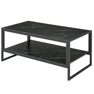 HOMCOM Black 2-Tier Coffee Table: Cocktail Table with Marble Textured Top, Storage Shelf for Living Room, Bedroom, Dorm 