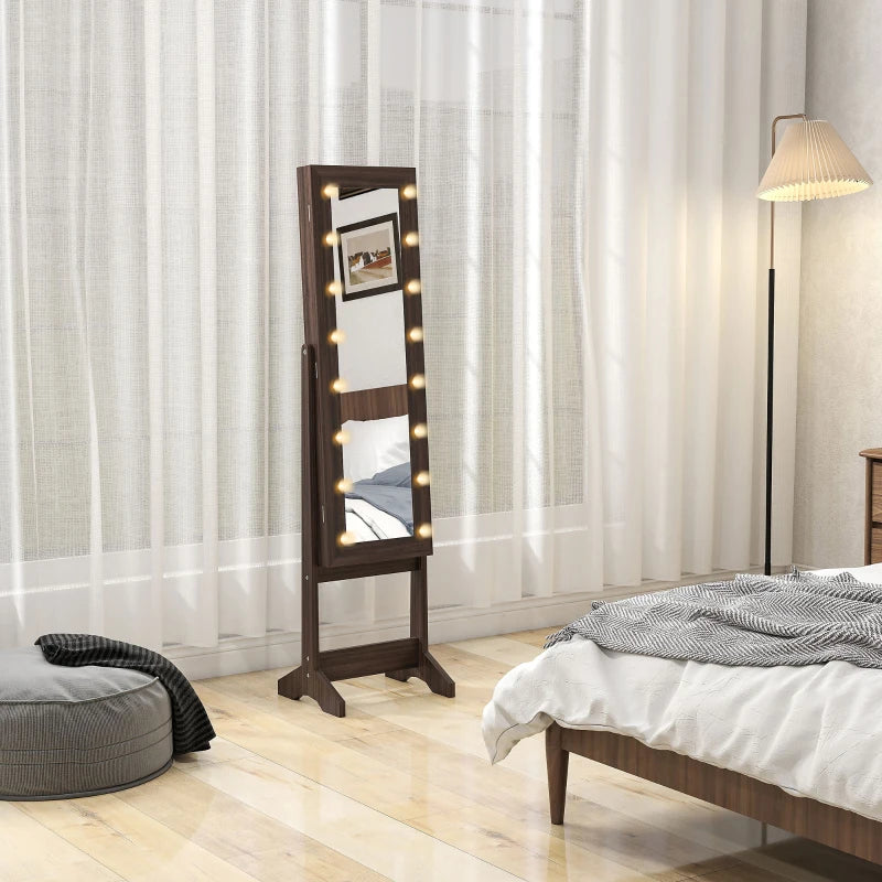 Free Standing Armoire Organizer, Lighted Mirrored Jewelry Cabinet w/ Angle Adjustable & 16 LED Lights, Dark Brown