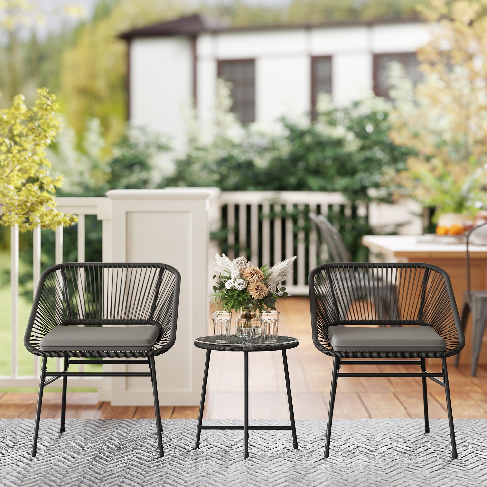 Outsunny 3 Piece Bistro Set, Wicker Outdoor Patio Furniture Set with Glass Top Table, Cushions for Balcony, Porch, Black 