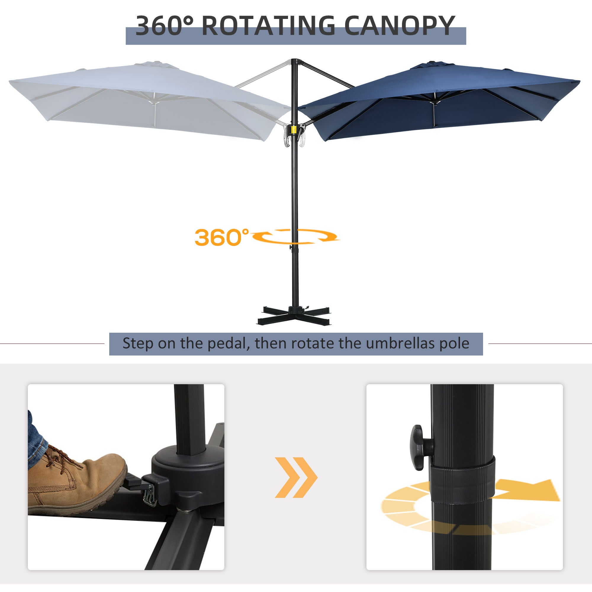 Outsunny Square Patio Hanging Offset Umbrella 8' x 8' Aluminum Cantilever Crank Market Parasol 360° Rotation Cross Base Dark Blue 
