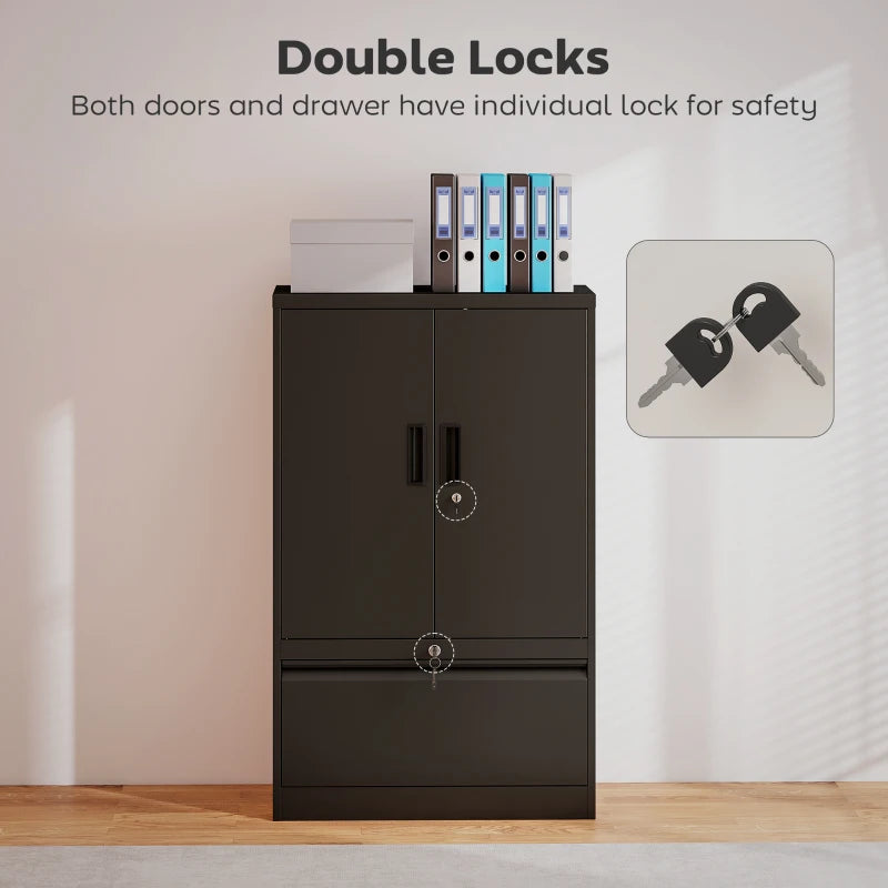 Lateral Filing Cabinet, Metal Storage Cabinet, Garage Cabinet with Double Locks, Adjustable Shelf and File Drawer, Black