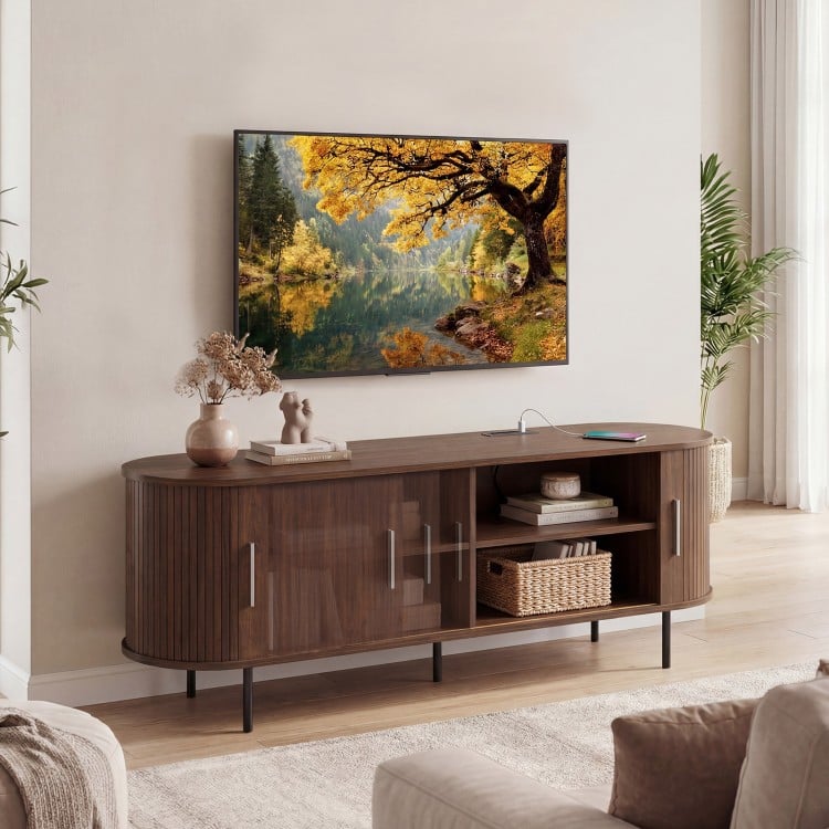 Fluted TV Stand for TVs up to 60" Mid Century Curved Entertainment Center-Walnut