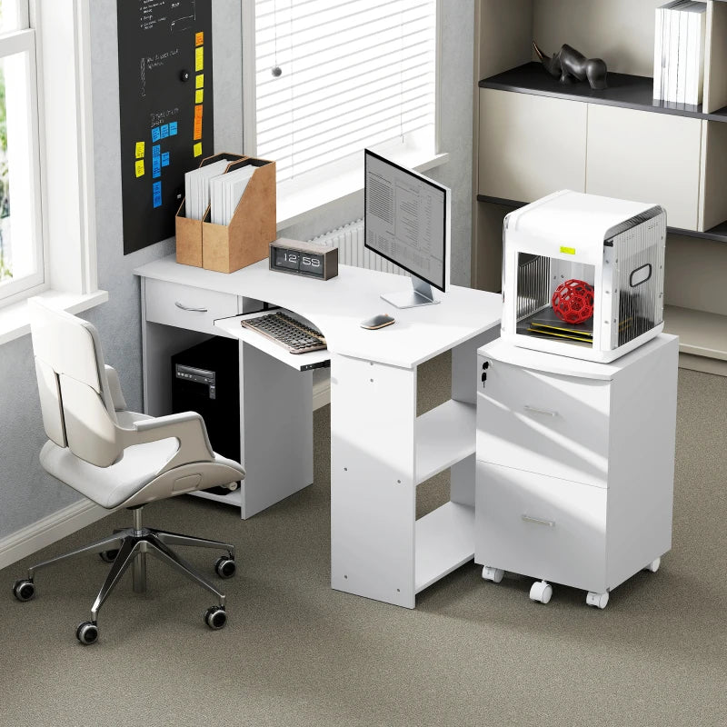 L-Shaped Computer Desk and File Cabinet Set for Bedroom, White