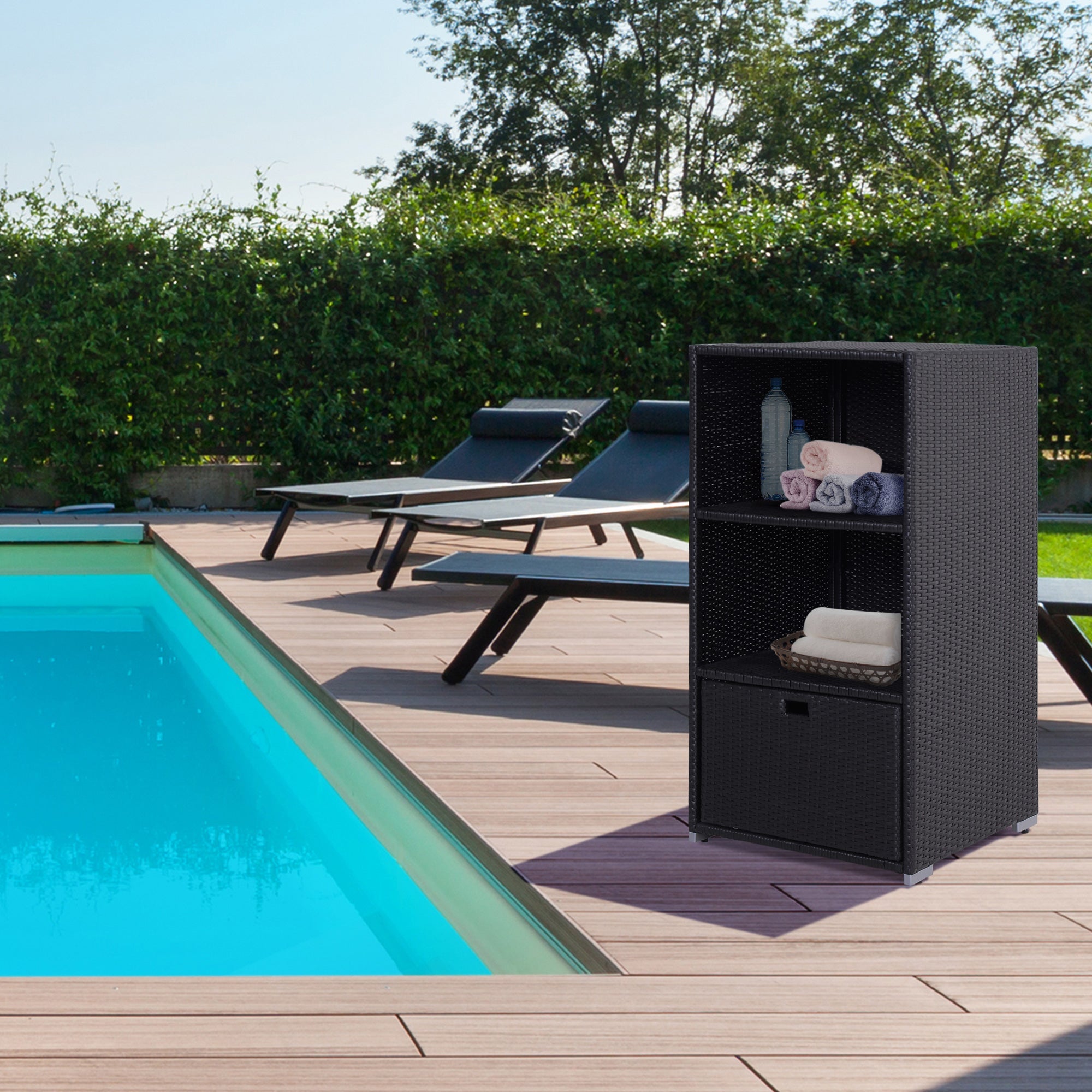 Outsunny Wicker Rattan Towel Valet Organizer Poolside 2 Shelf 1 Drawer Storage 