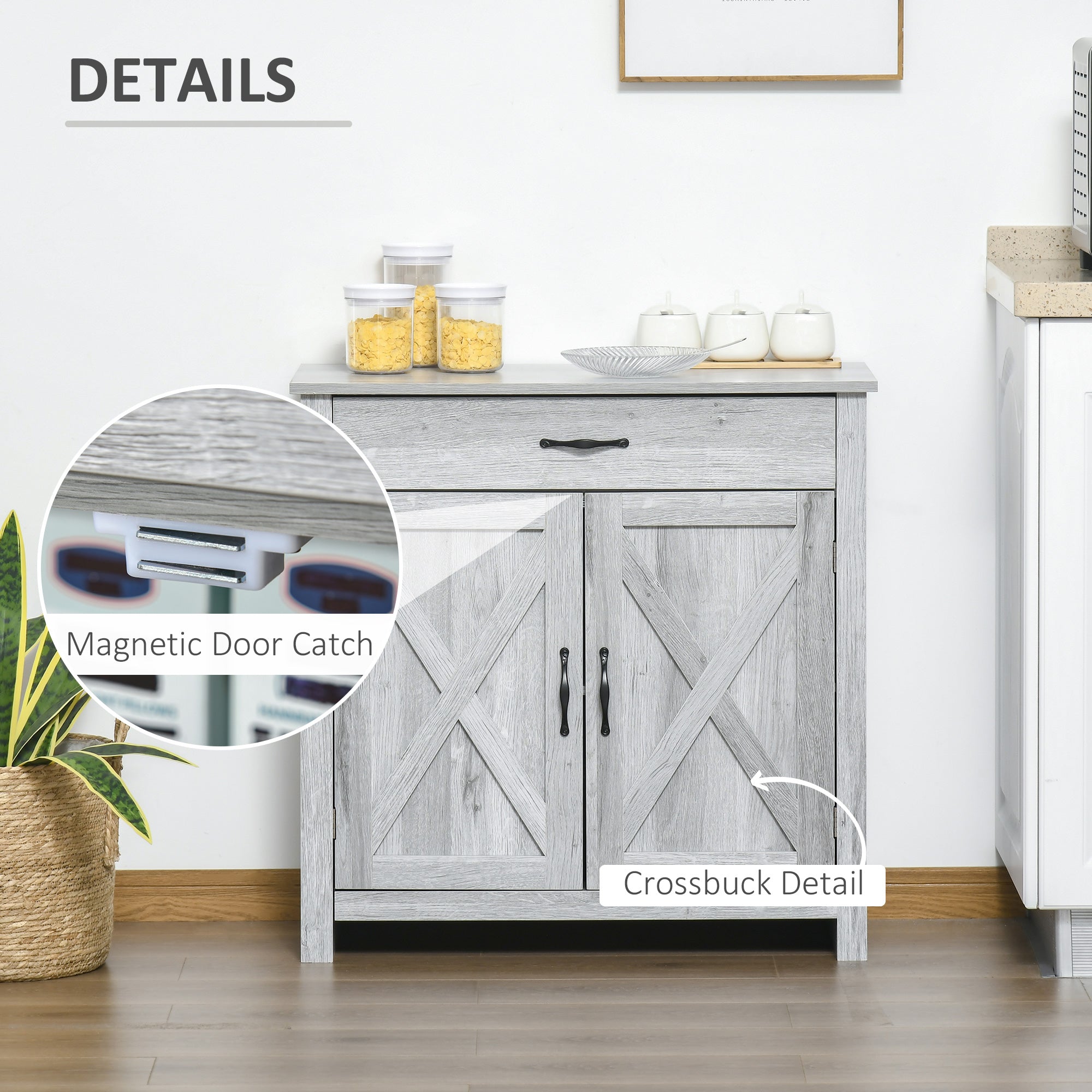 HOMCOM Farmhouse Grey Barn Door Cabinet: Accent Buffet Storage Sideboard Coffee Bar for Living Room, Entryway, Grey Grain Finish 
