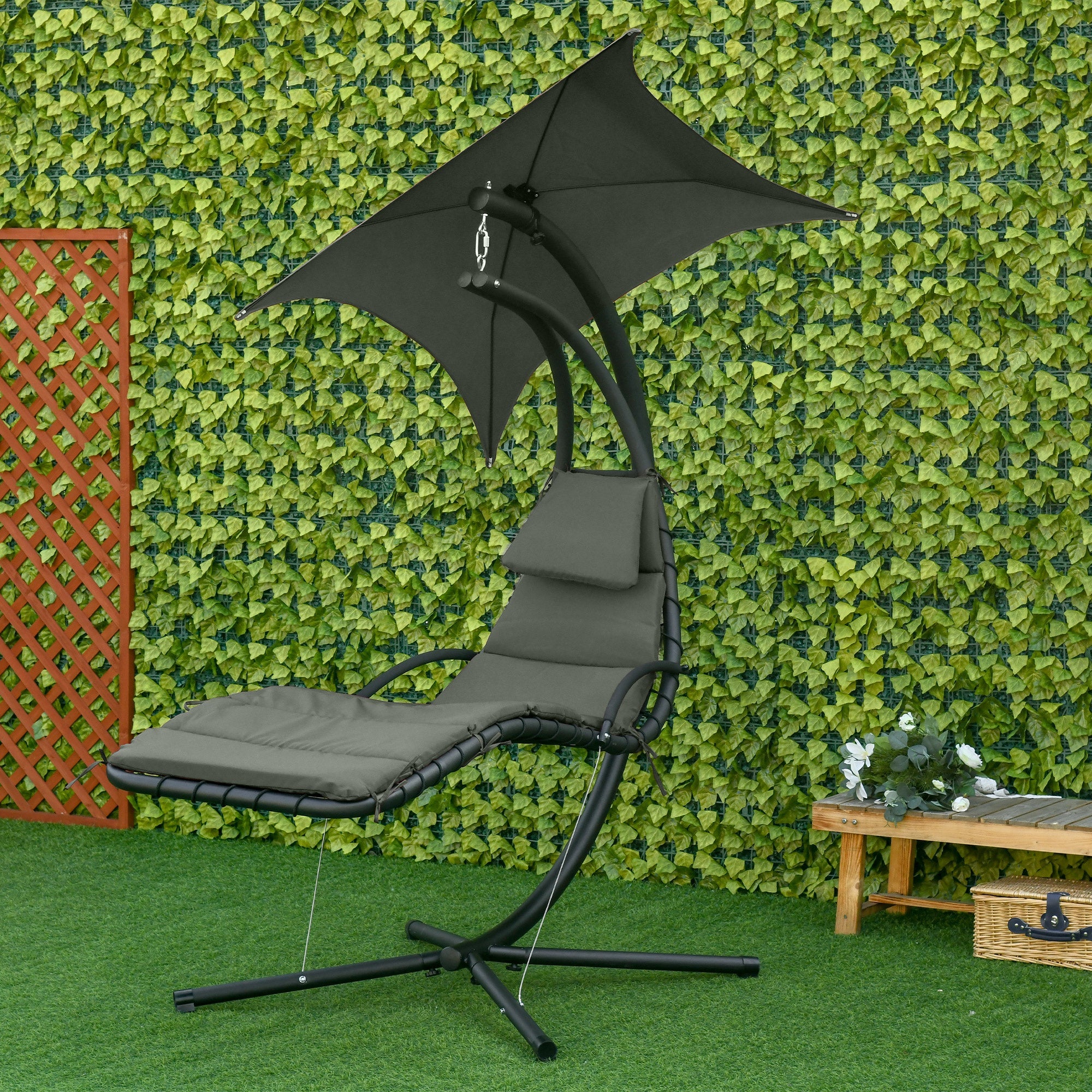Outsunny Floating Chaise Lounge Outdoor Swing Chair Hammock with Stand Canopy Charcoal Grey 