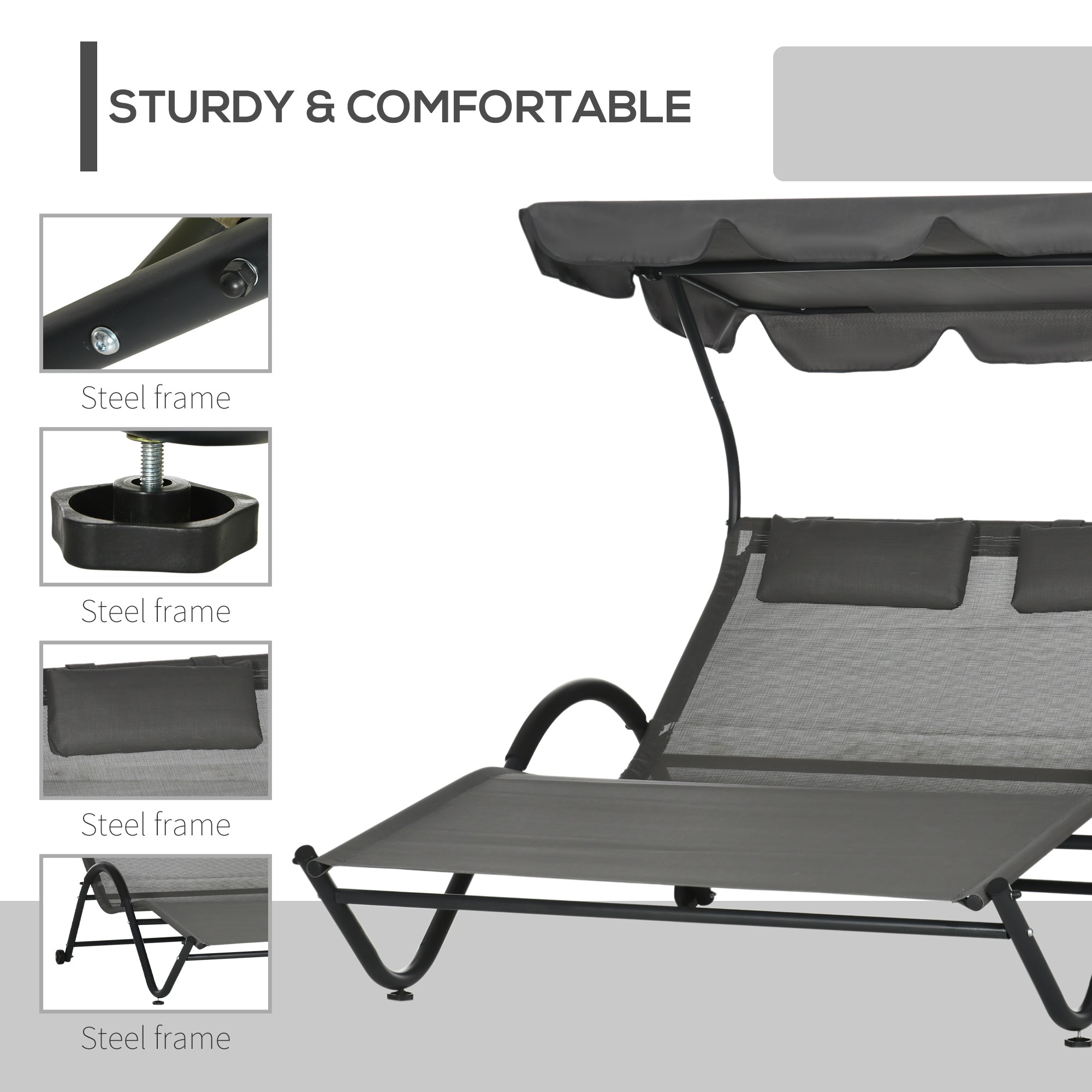 Outsunny Outdoor Patio Chaise Lounge Chair w/ Sunshade Roof, for Two People with Wheels and Breathable Sling Mesh Bed, Pillows 