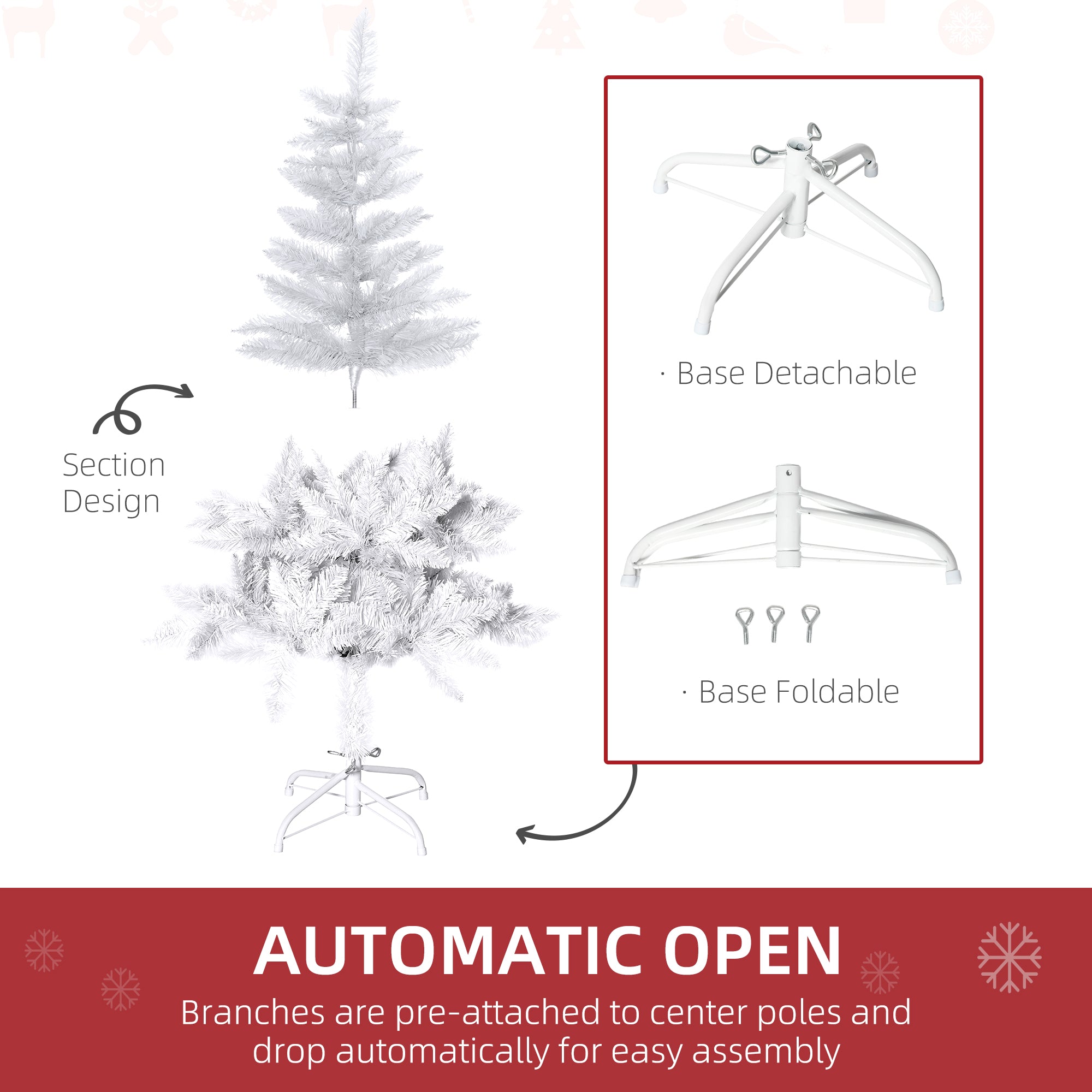 HOMCOM  4ft Artificial Christmas Tree with Pine Realistic Branches, Auto Open, for Indoor Decoration, White 