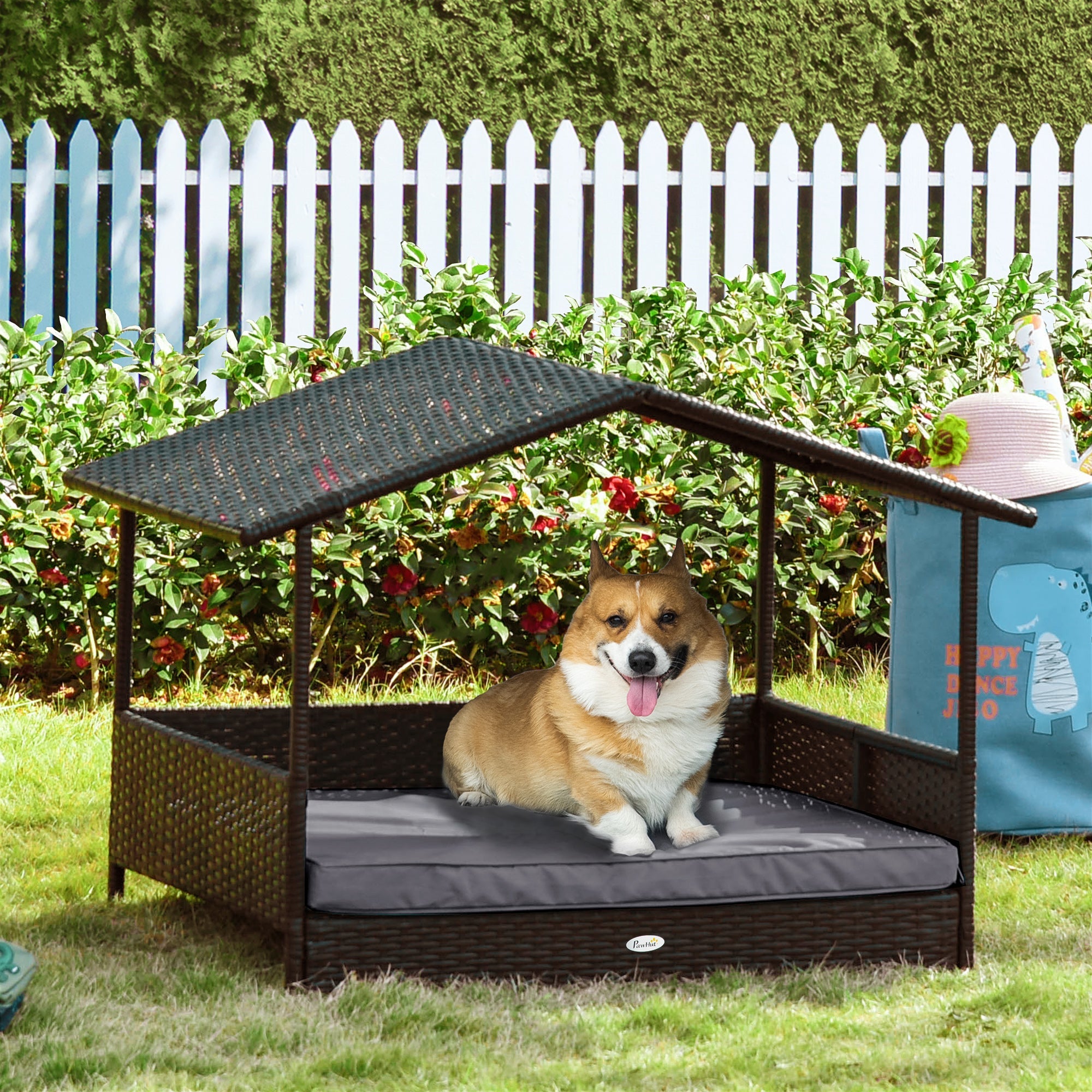 Outsunny PawHut Elevated Rattan Dog Bed Pet Home Indoor Outdoor Wicker Dog Cot Dog House Sofa Bed w/ Padded Cushion Roof Shelter Grey 