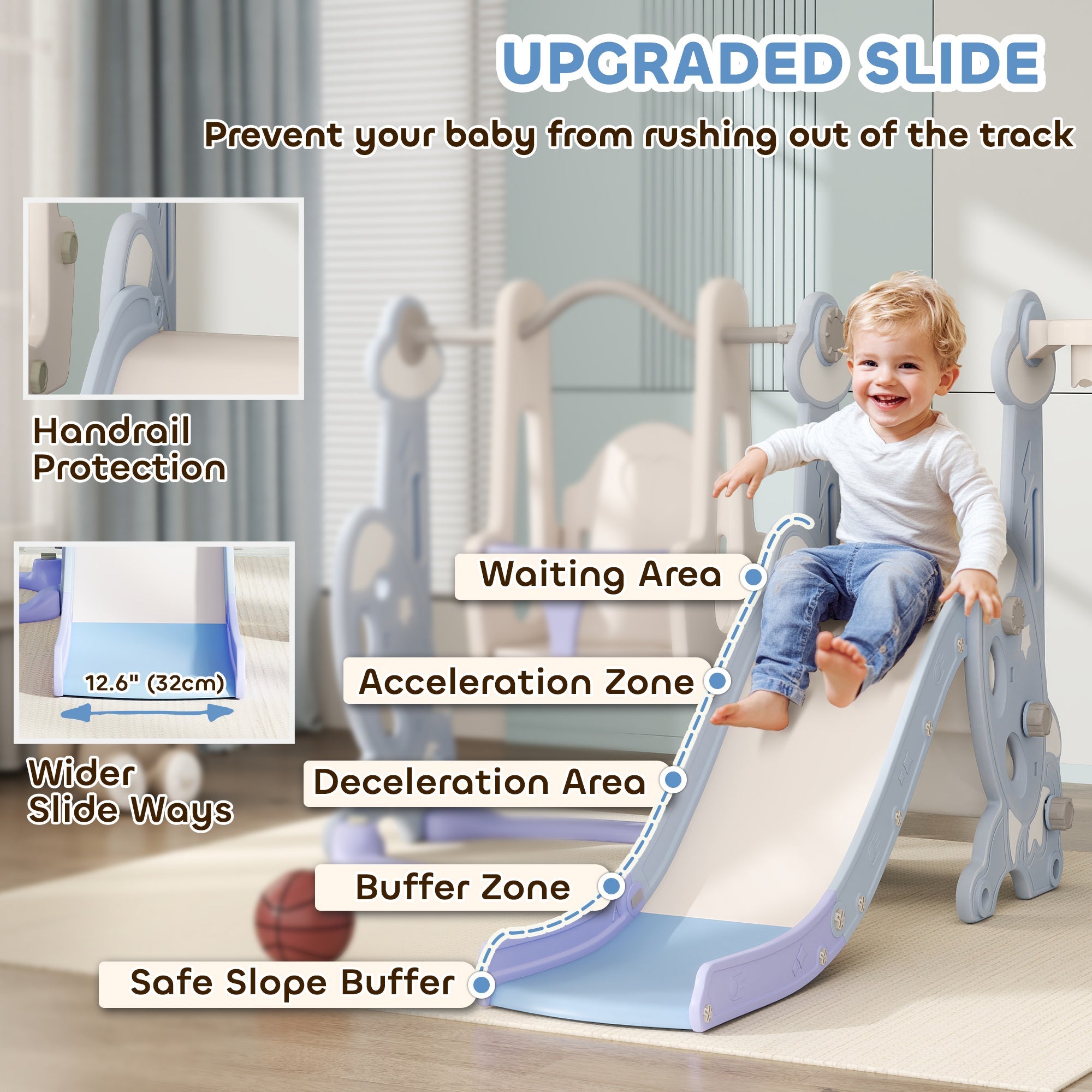 Qaba 4-in-1 Slide and Swing Set with Basketball Hoop, Climber, for Ages 1.5-4 Boys Girls Toddler, Rocket Themed, Light Blue 