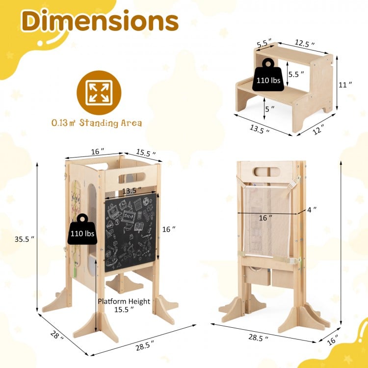 Foldable Toddler Tower with 2-Step Stool and Safety Net for 3+ Years Old