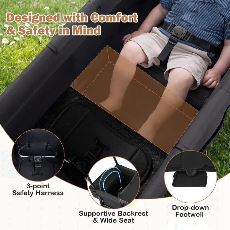 Foldable Wagon Stroller for 2 Kids – Double Seater Push & Pull with Canopy (Black/Gray)