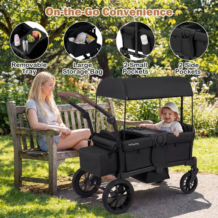 Foldable Wagon Stroller for 2 Kids – Double Seater Push & Pull with Canopy (Black/Gray)