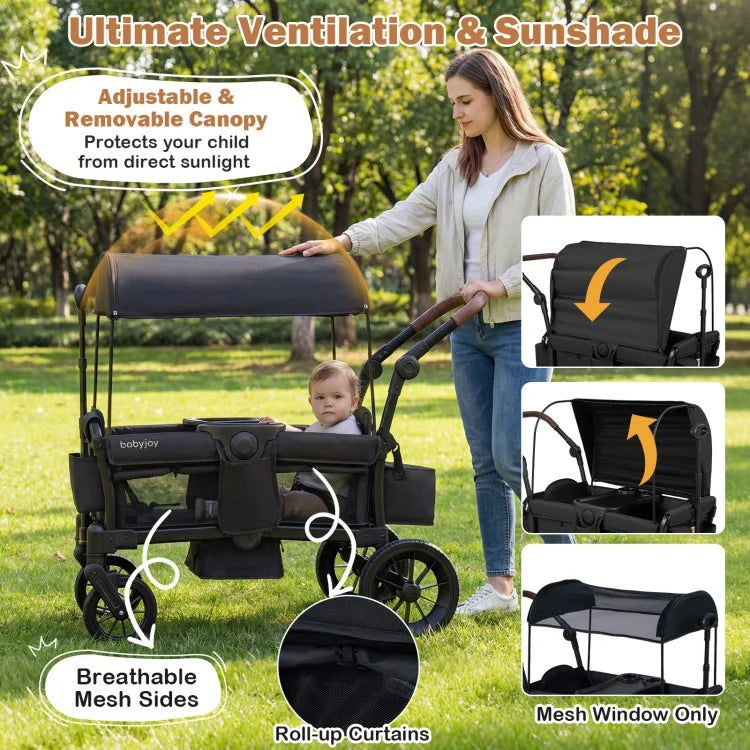Foldable Wagon Stroller for 2 Kids – Double Seater Push & Pull with Canopy (Black/Gray)