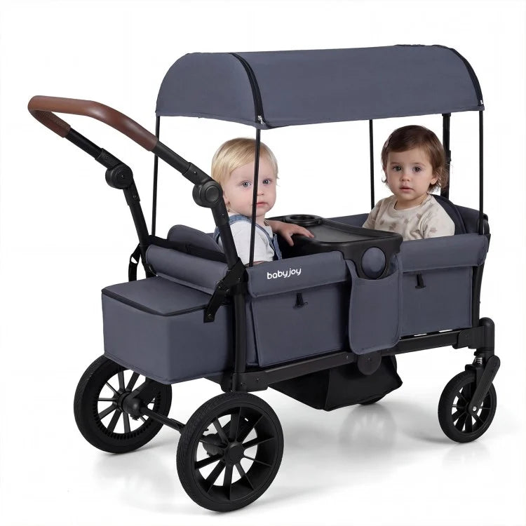 Foldable Wagon Stroller for 2 Kids – Double Seater Push & Pull with Canopy (Black/Gray)