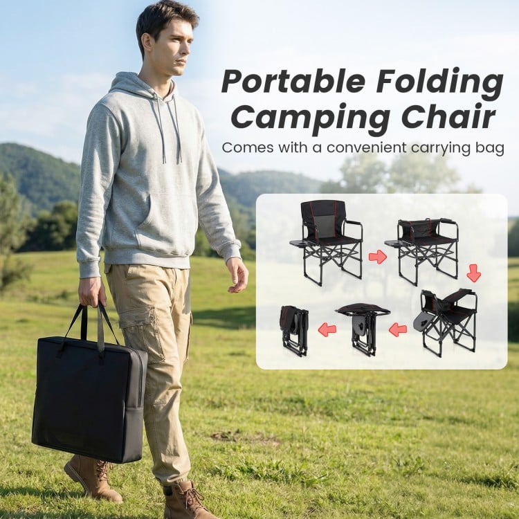 Folding Camping Chair with Side Table and Cup Holder with Carrying Bag-Black
