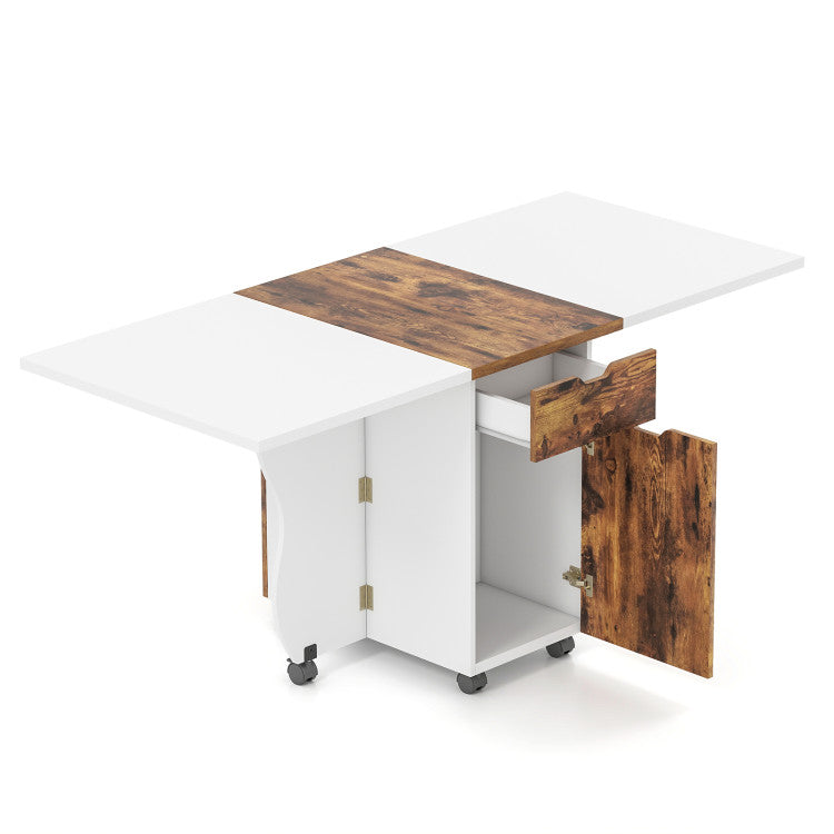 3-in-1 Folding Dining Table with Storage Drawers & Cabinets, Drop Leaf Kitchen Table with Lockable Wheels