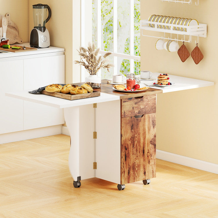 3-in-1 Folding Dining Table with Storage Drawers & Cabinets, Drop Leaf Kitchen Table with Lockable Wheels