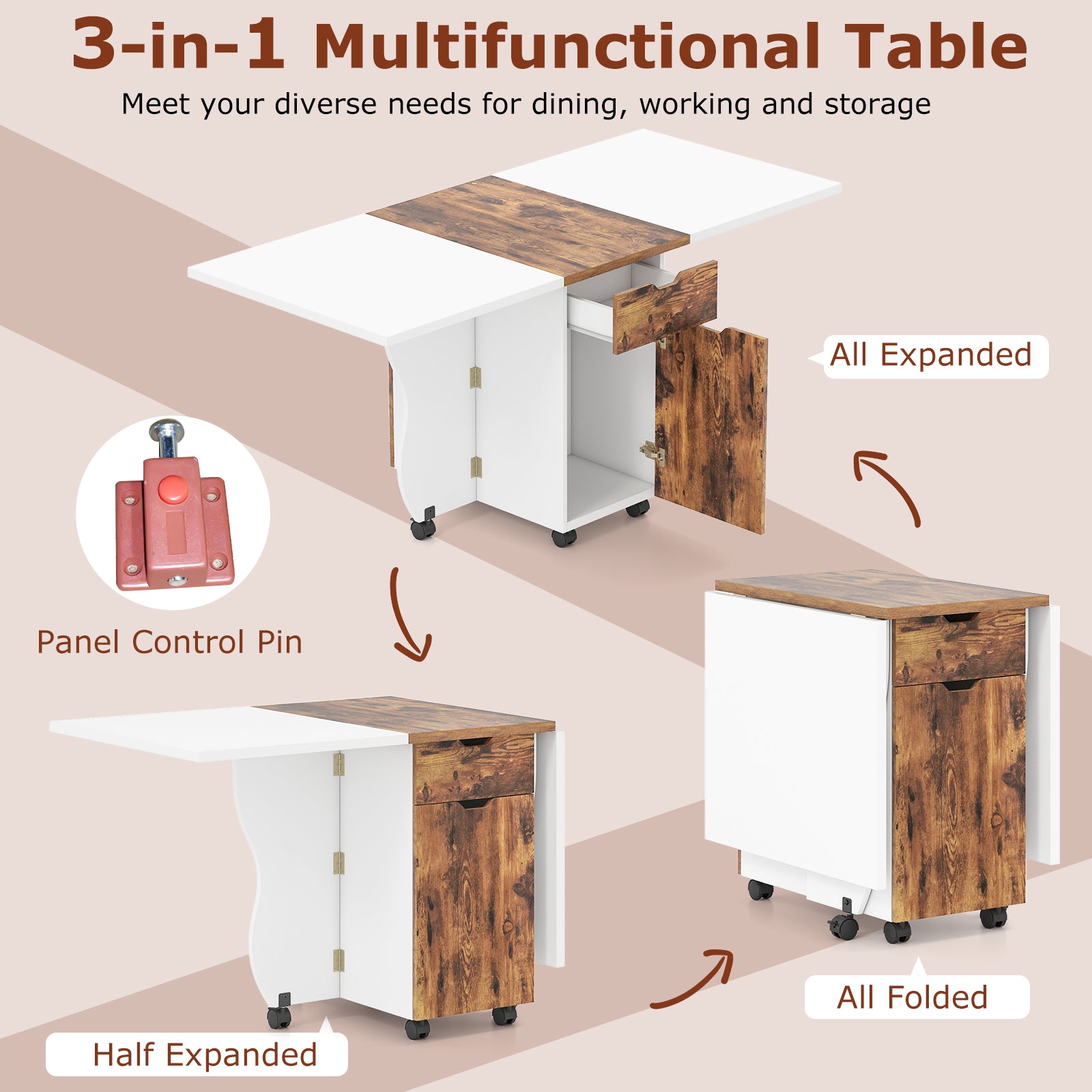 3-in-1 Folding Dining Table with Storage Drawers & Cabinets, Drop Leaf Kitchen Table with Lockable Wheels