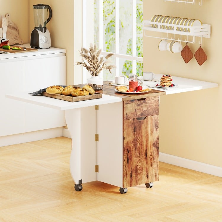 Folding Dining Table 3-in-1 Space-Saving Drop Leaf Kitchen Table with Lockable Wheels-Brown