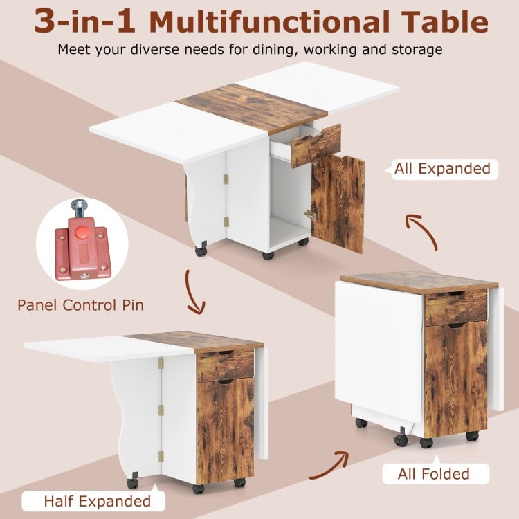 Folding Dining Table 3-in-1 Space-Saving Drop Leaf Kitchen Table with Lockable Wheels-Brown
