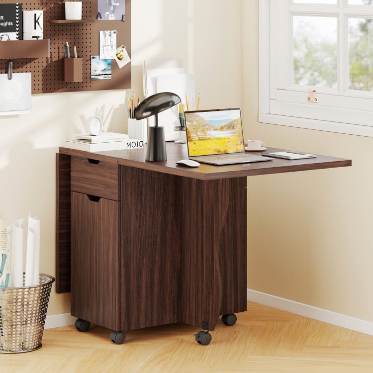 Folding Dining Table 3-in-1 Space-Saving Drop Leaf Kitchen Table with Lockable Wheels-Walnut