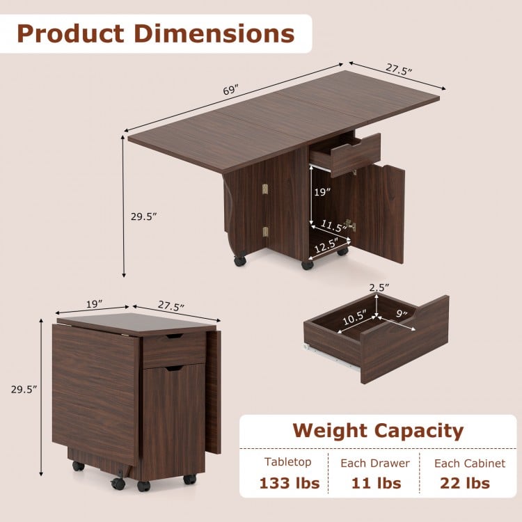 Folding Dining Table 3-in-1 Space-Saving Drop Leaf Kitchen Table with Lockable Wheels-Walnut
