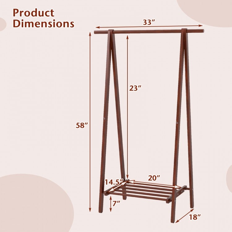 Folding Rubber Wood Clothes Hanging Rack Standing Garment Rack with Bottom Storage Shelf-Walnut