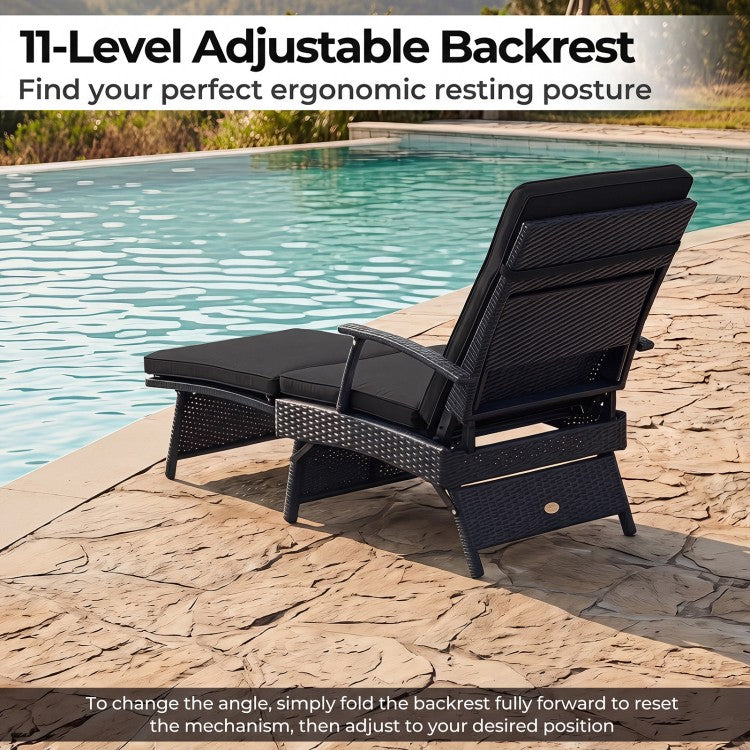 Folding Wicker Chaise Lounge with Slide-Out Ottoman & 11-Position Adjustable Backrest