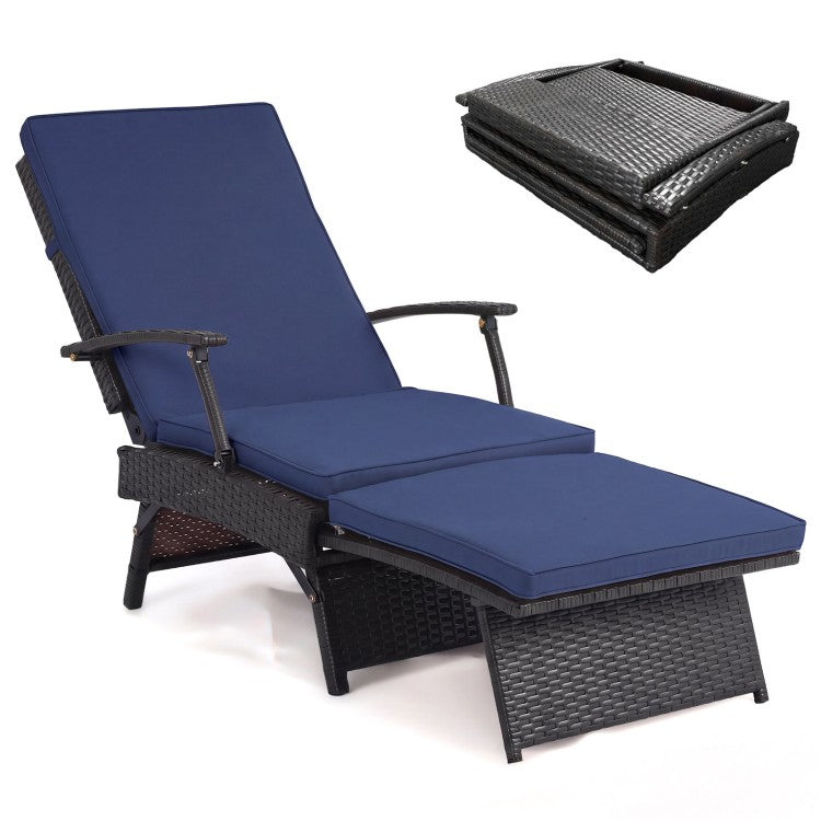 Folding Wicker Chaise Lounge with Slide-Out Ottoman & 11-Position Adjustable Backrest