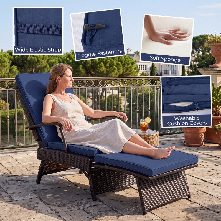 Folding Wicker Chaise Lounge with Slide-Out Ottoman & 11-Position Adjustable Backrest