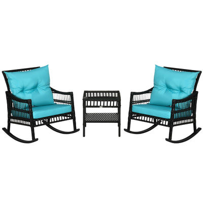 Outsunny 3 Pieces Outdoor PE Rattan Rocker Chair Set, Rocking Chair with Tempered Glass Table Top,25"x26"x28", Turquoise Green 