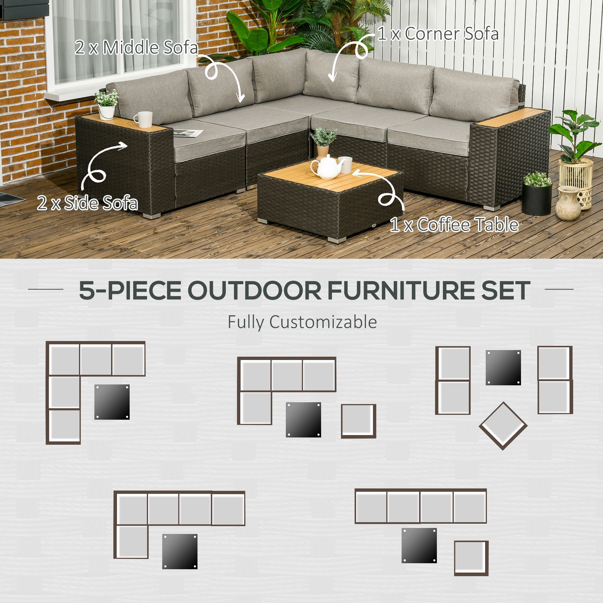 Outsunny 6-Piece Brown Rattan Outdoor Patio Furniture Set, Corner Sofa with Wood-Plastic Coffee Table, Cushions 