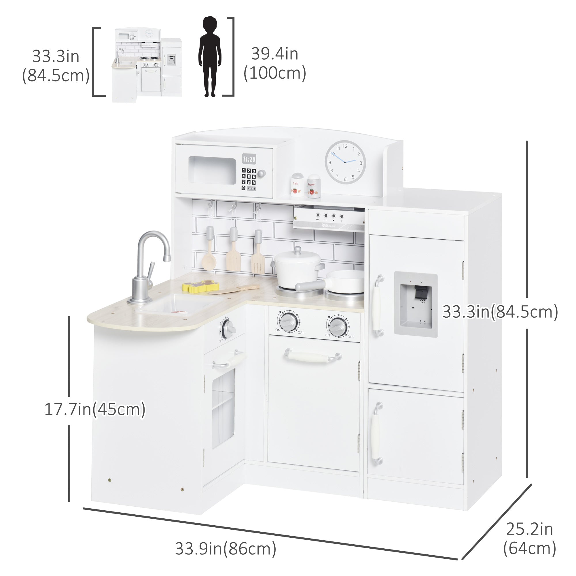 Qaba Play Kitchen Set for Kids - White Cooking Toy with Drinking Fountain, Microwave, Fridge & Accessories 