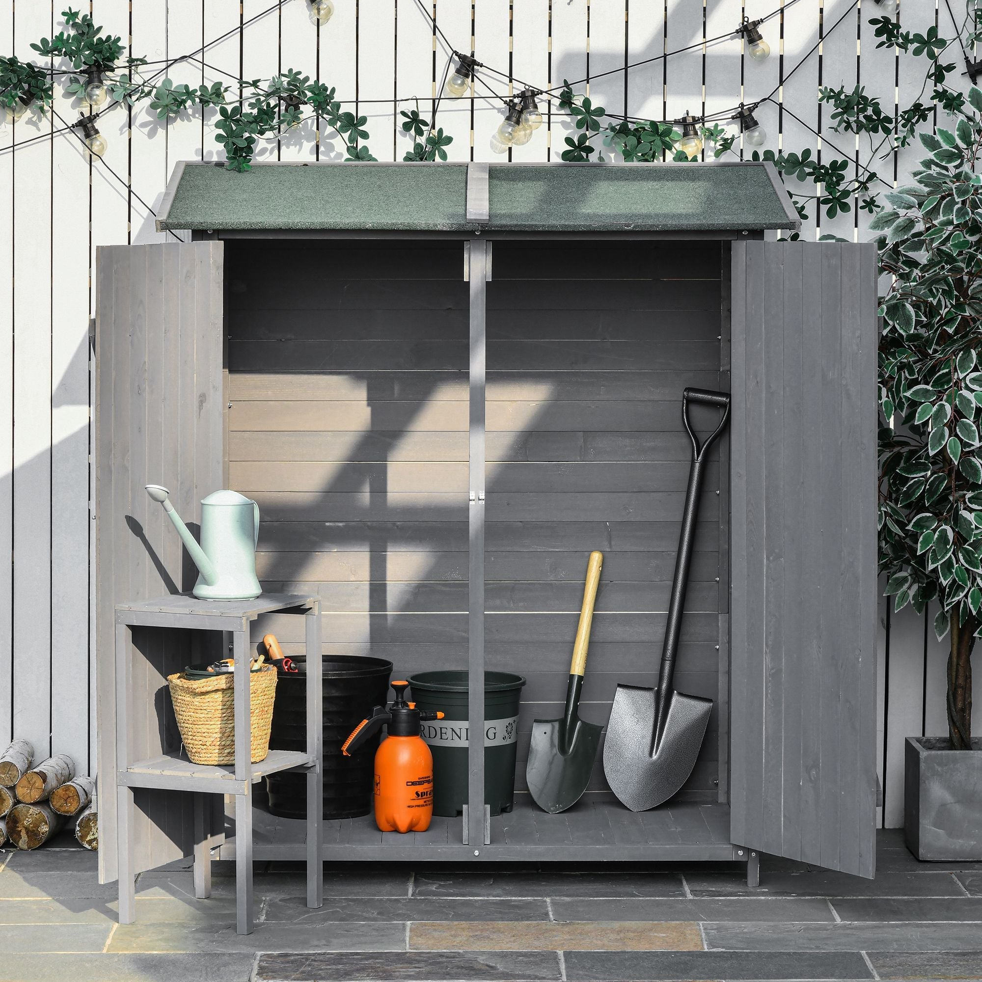 Outsunny Wooden Garden Shed Asphalt Roof Double Door Outdoor Storage Shelf Green Grey 