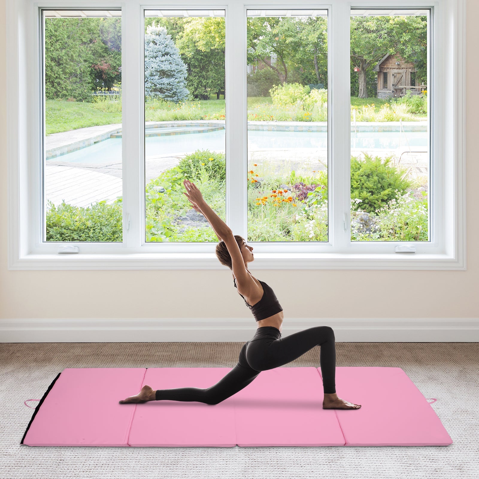 Soozier Folding Gymnastics Exercise Mat 4'x6' Yoga MMA Martial Arts Mat with Carrying Handles Pink 