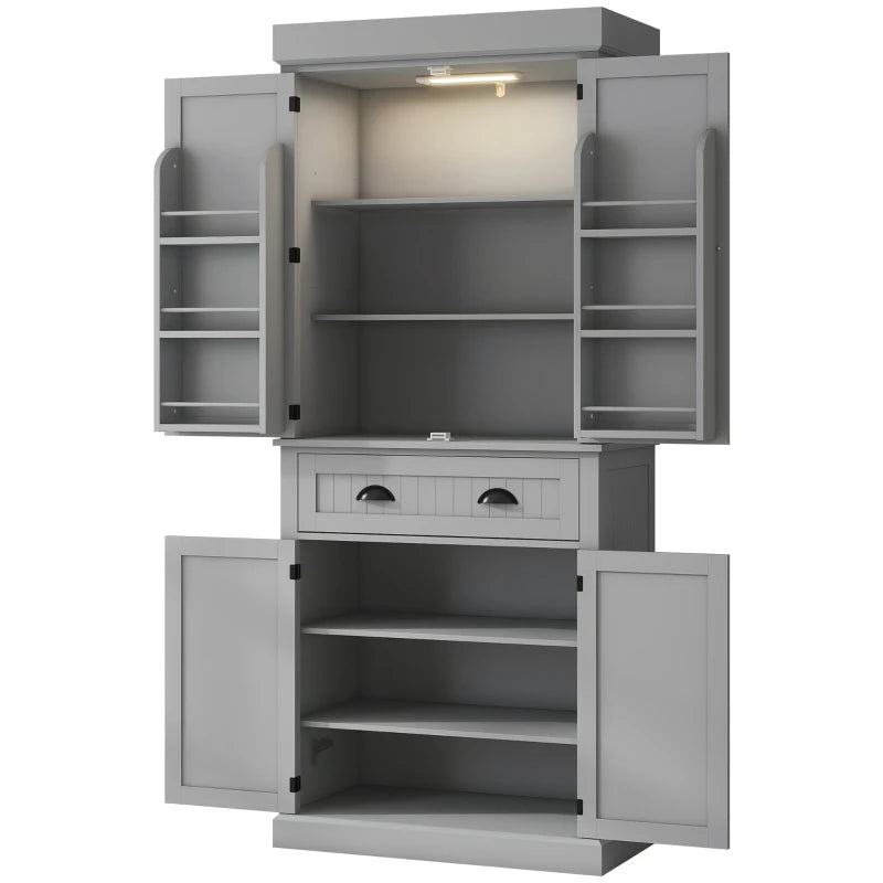 71" Kitchen Pantry Cabinet with LED Lights, 6 Spice Racks, a Drawer and 4 Adjustable Shelves, Grey