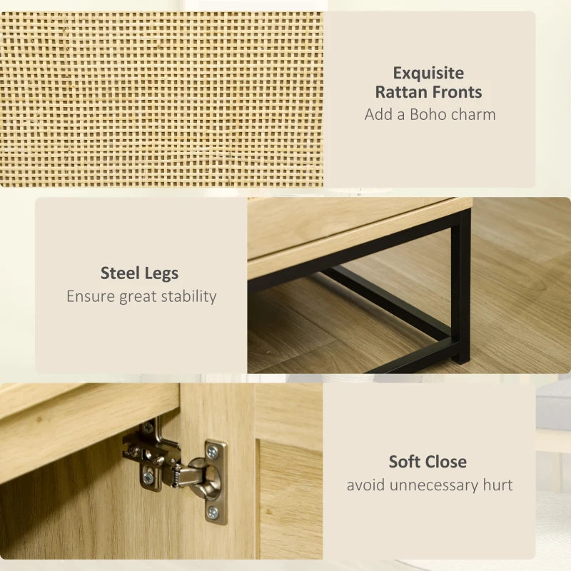 Wood Sideboard Accent Storage Cabinet with 2 Rattan Doors, Adjustable Shelf, and Steel Legs for Living Room Kitchen