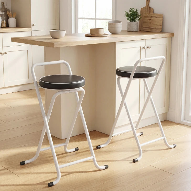 Foldable Bar Stools Set of 2, Folding Kitchen Chairs with PU Cushioned Seat, Footrest, Black