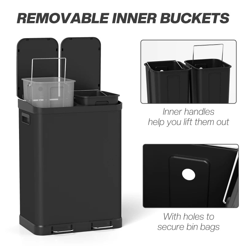 Kitchen Garbage Bin, 2 x 7.9 Gal (2 x 30 L) Trash Can, Soft-Close Garbage Can with Removable Inner Buckets, Black
