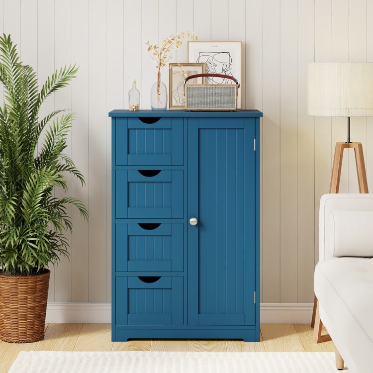 Free-Standing Wooden Cabinet with 4 Drawers and Door Cabinet-Blue