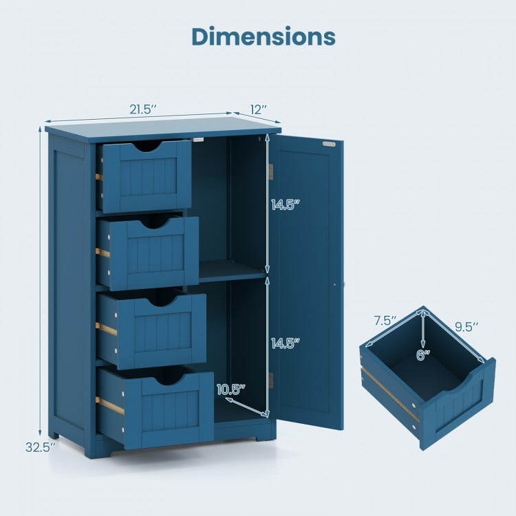 Free-Standing Wooden Cabinet with 4 Drawers and Door Cabinet-Blue