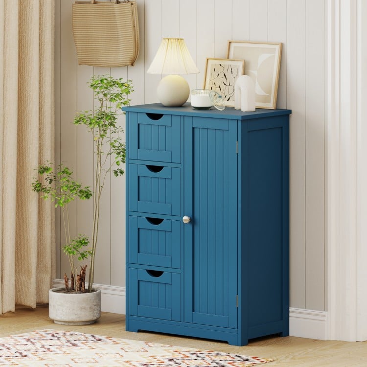 Free-Standing Wooden Cabinet with 4 Drawers and Door Cabinet-Blue
