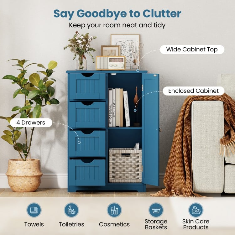 Free-Standing Wooden Cabinet with 4 Drawers and Door Cabinet-Blue