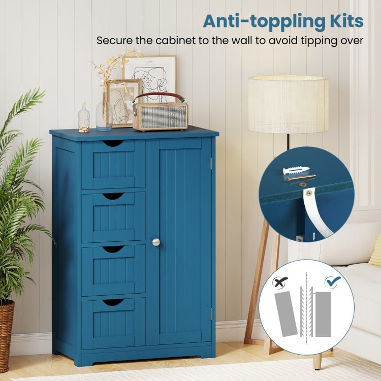 Free-Standing Wooden Cabinet with 4 Drawers and Door Cabinet-Blue